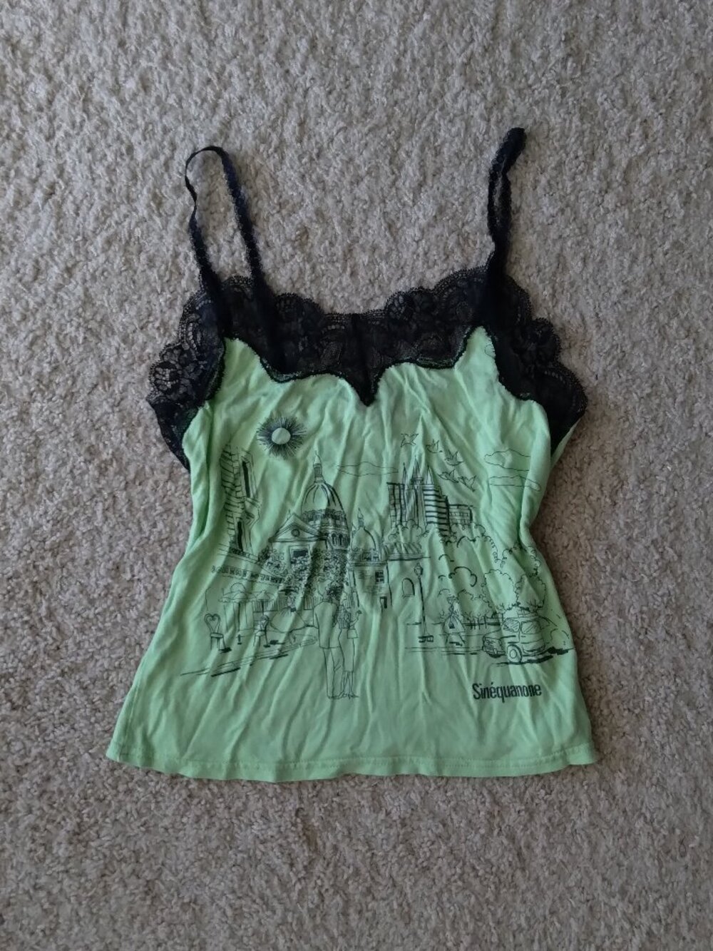 Vintage Y2K Sinequanone Paris Lime Green Graphic Cami Top with Black Lace